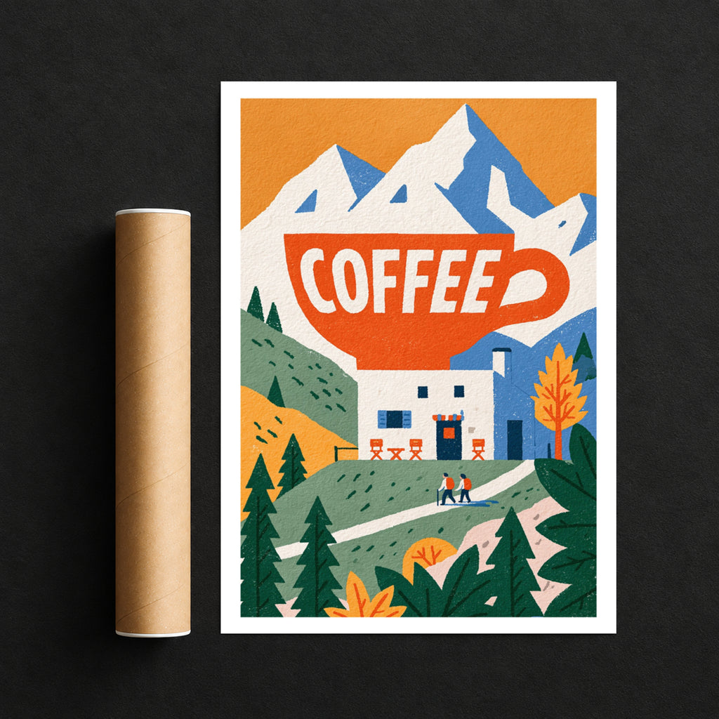 Vintage Food Poster Print, Coffee Alpine Mountain Hut Art, Rustic Kitchen Decor, Retro Mid Century