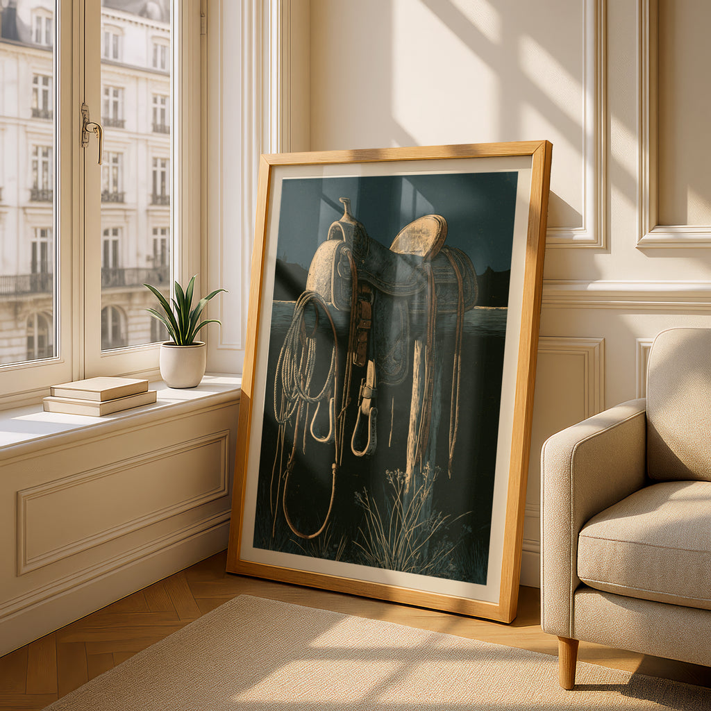 Western Saddle Wall Art, Cowboy Poster, Desert Night Fence Post Print, Rustic Ranch Decor