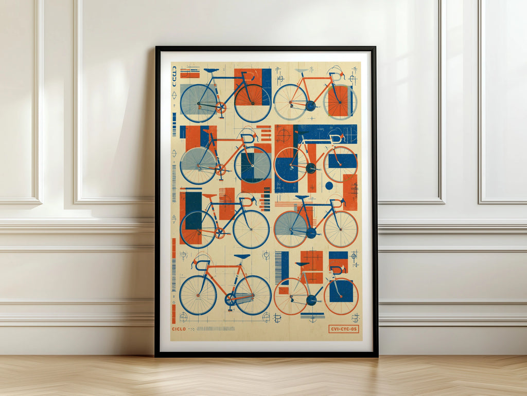 Retro Bicycle Poster, Vintage Cycling Blueprint Art Print, Blue Orange Bike Wall Art