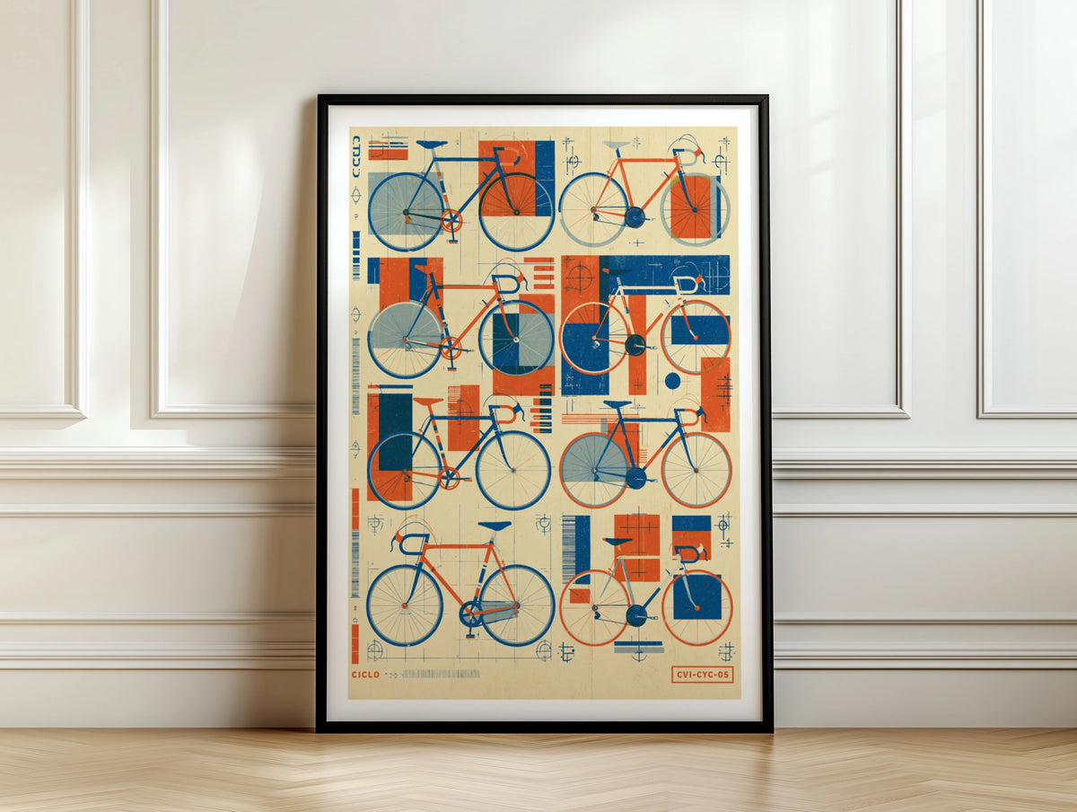 Retro Bicycle Poster, Vintage Cycling Blueprint Art Print, Blue Orange Bike Wall Art