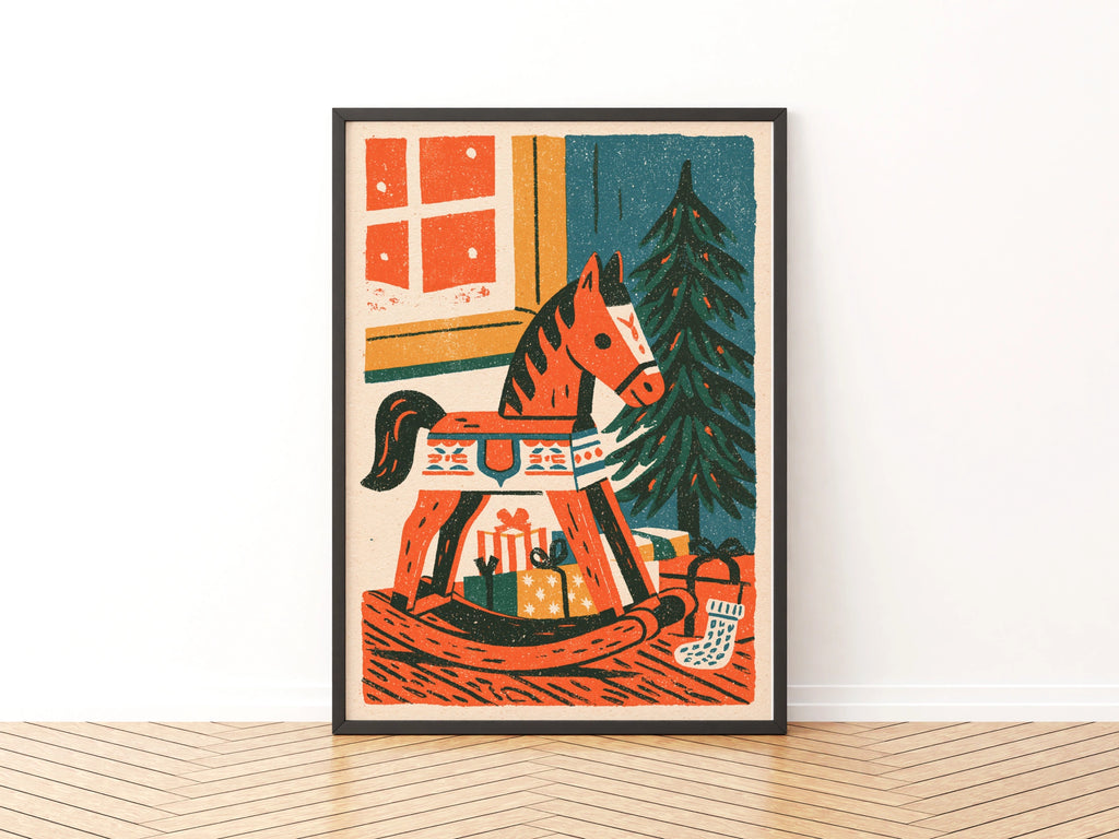Vintage Rocking Horse Christmas Poster, Retro Festive Wall Art, Teal Orange Holiday Print