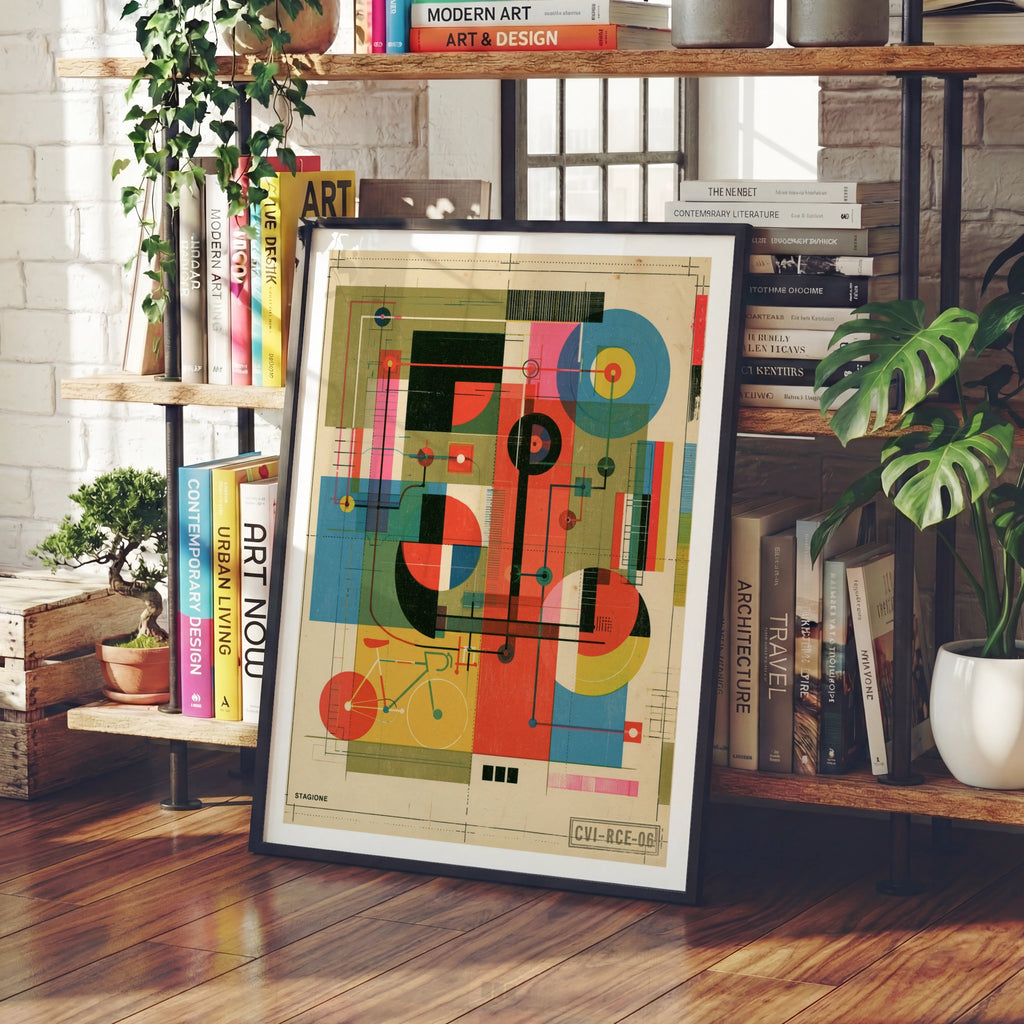 Retro Cycling Poster, Abstract Bauhaus Bike Art Print, Vintage Geometric Bicycle Wall Art