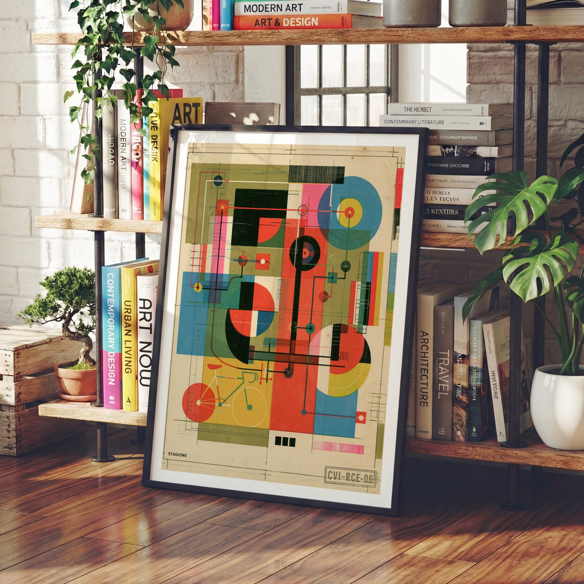 Retro Cycling Poster, Abstract Bauhaus Bike Art Print, Vintage Geometric Bicycle Wall Art