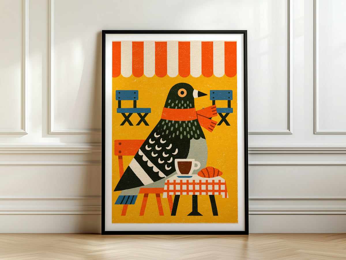 Vintage Pigeon Cafe Poster, Retro Bird Coffee Print, Funny Animal Wall Art, Bold Colourful