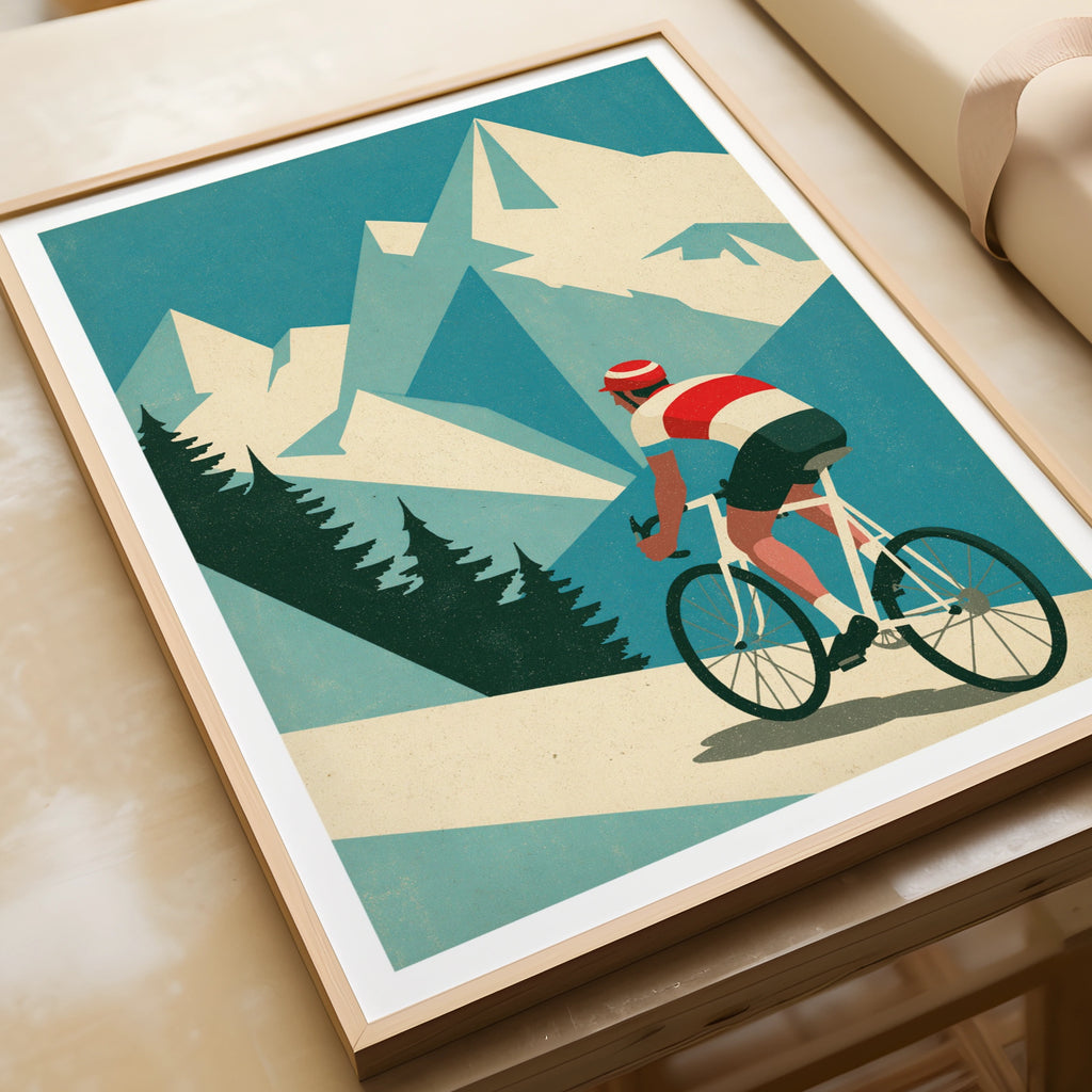 Retro Cycling Poster, Mountain Road Cyclist Print, Vintage Travel Alpine Wall Art, Teal Blue