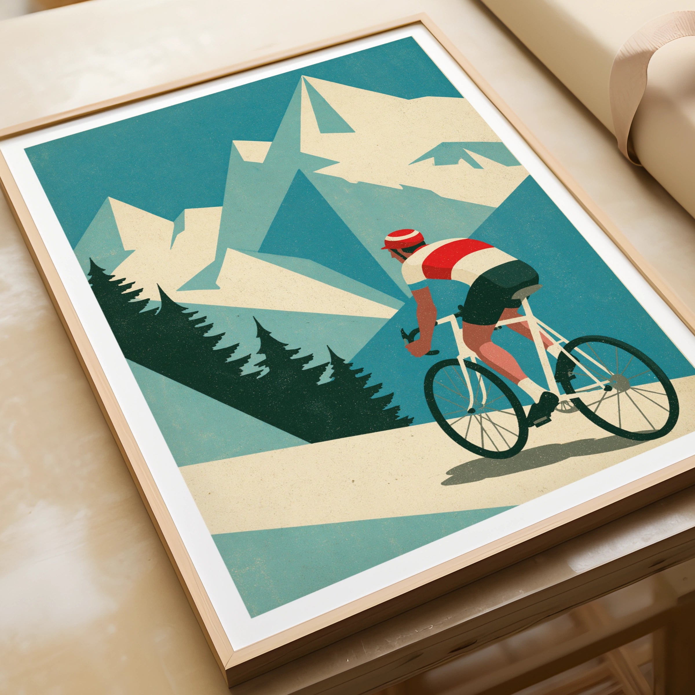 Retro Cycling Poster, Mountain Road Cyclist Print, Vintage Travel Alpine Wall Art, Teal Blue