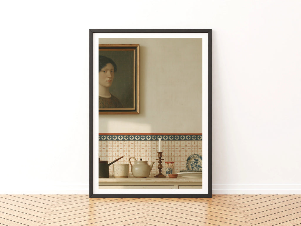 Contemporary Dutch Kitchen Still Life Art Print, Vintage Tiles Portrait Wall Decor