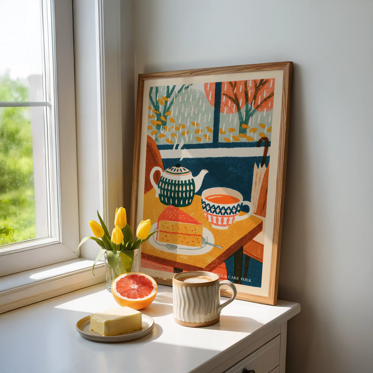 Vintage Food Poster Print, Tea and Cake Cafe Art, Rustic Kitchen Decor, Retro Mid Century Risograph