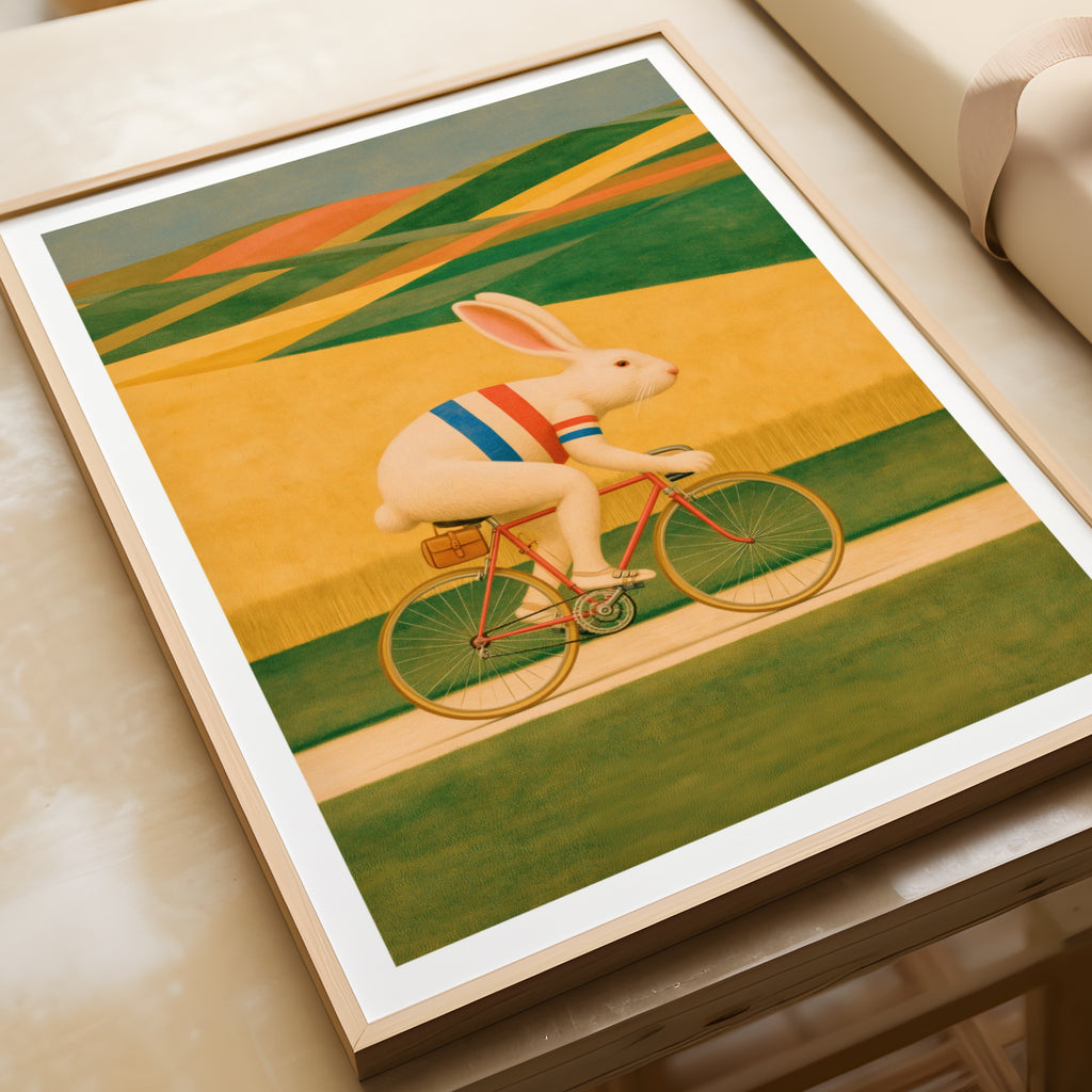 Cycling Rabbit Art Print, Retro Folk Animal Wall Art, Whimsical Bunny on Bike, Vintage Style Print