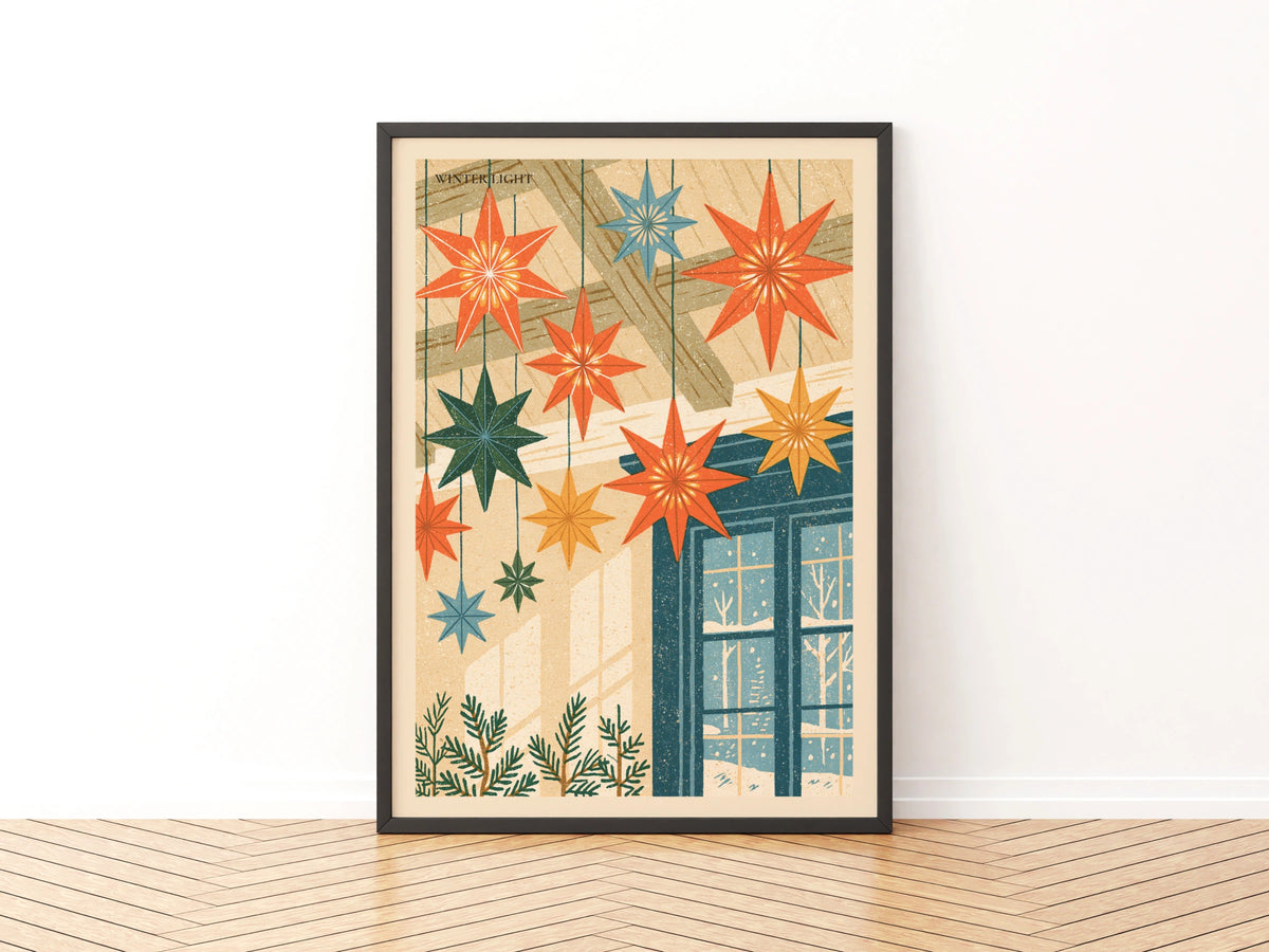 Winter Light Star Poster, Retro Christmas Wall Art, Scandi Hygge Print, Festive Home Decor