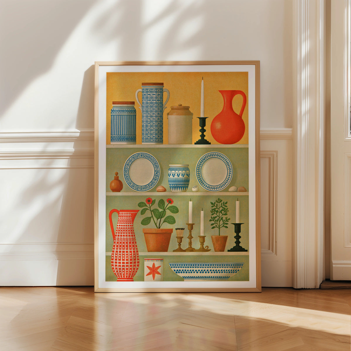 Vintage Dresser Shelf Still Life Print, Folk Pottery Wall Art, Classic Inspired Kitchen Poster