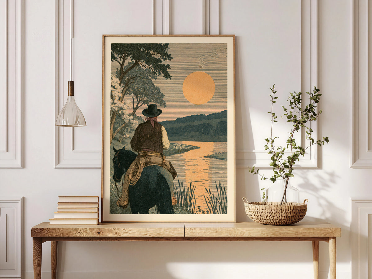 Cowboy at Sunset Print, Vintage Western Wall Art, Riverside Landscape Poster, Rustic Ranch Decor