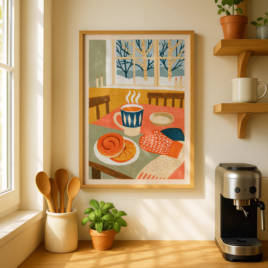 Vintage Food Poster Print, Rustic Kitchen Decor, Retro Mid Century Risograph Winter Scene