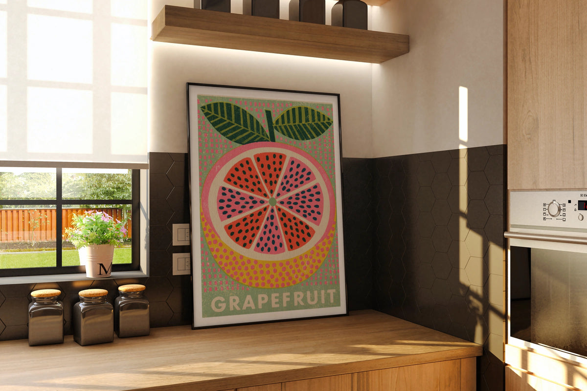 Grapefruit Vintage Food Poster Print | Rustic Kitchen Decor | Retro Mid Century Risograph Art