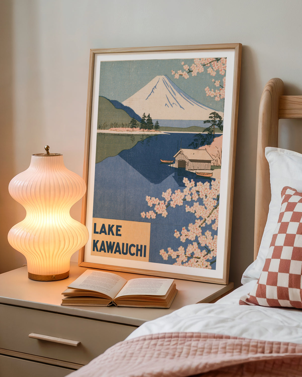 Lake Kawaguchi Retro Travel Print, Mount Fuji Vintage Travel Poster, Japan Cherry Blossom Wall Art