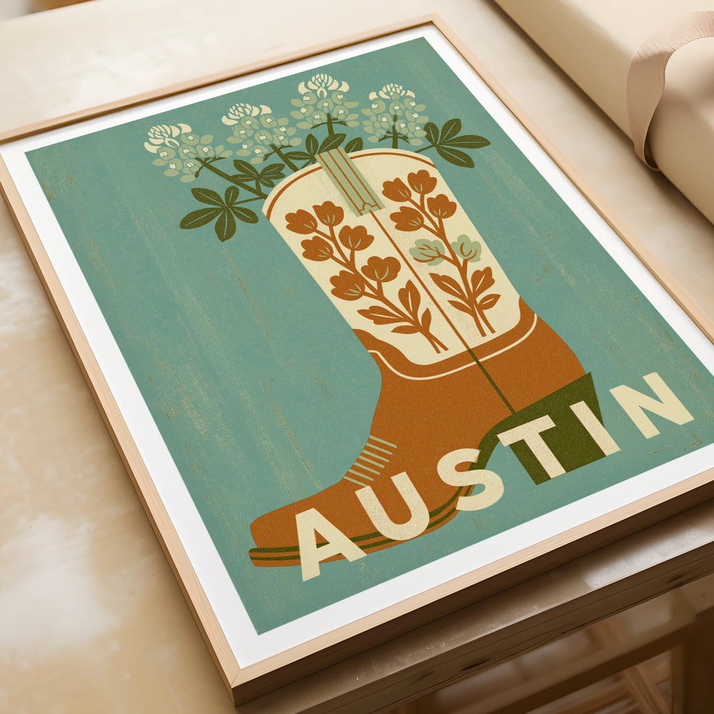Austin Texas Retro Travel Poster, Cowboy Boot Bluebonnet Flower Art Print, Teal