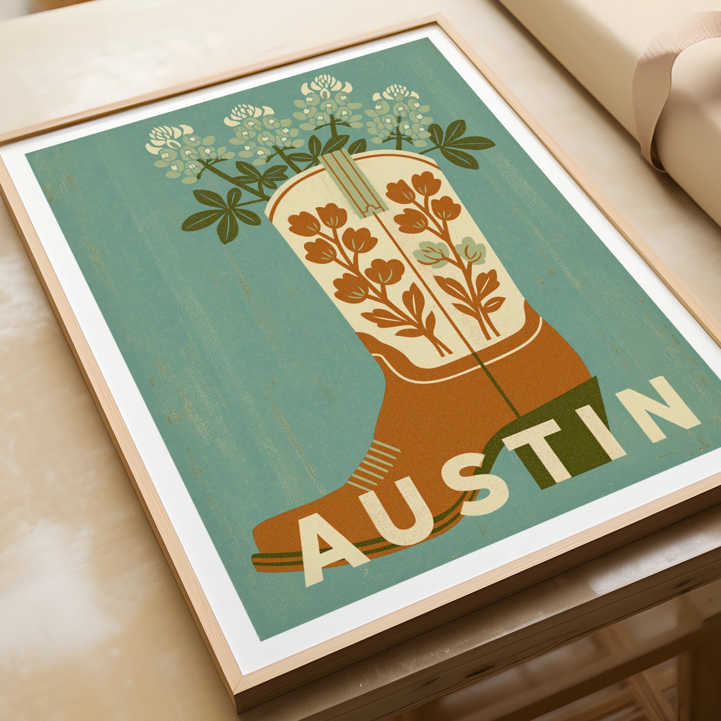 Austin Texas Retro Travel Poster, Cowboy Boot Bluebonnet Flower Art Print, Teal