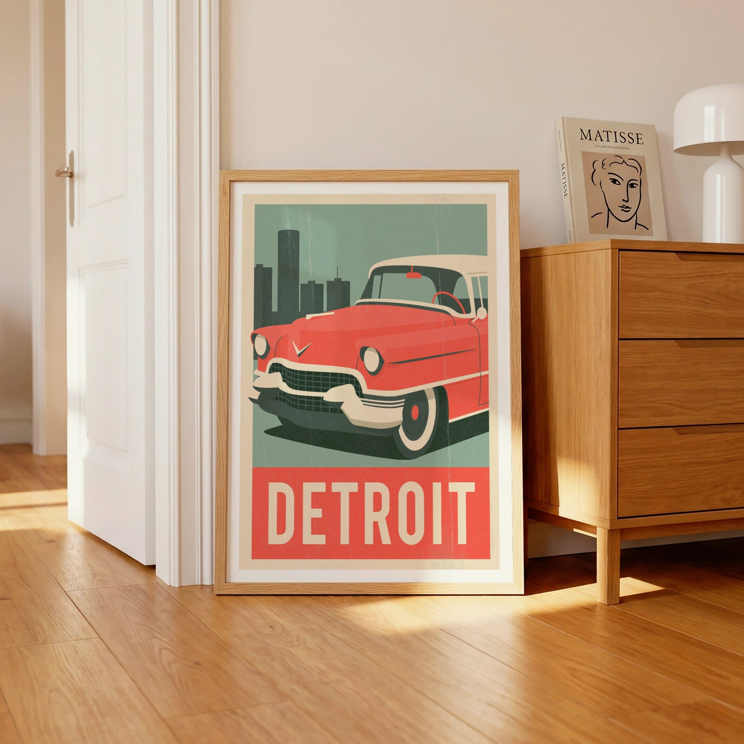 Detroit Retro Travel Poster, Classic American Car Print, USA City Wall Art Gift
