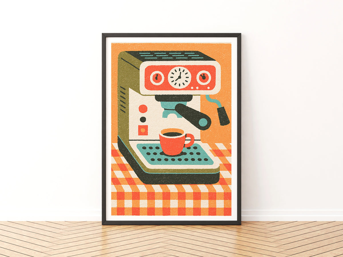 Retro Espresso Machine, Rustic Kitchen Decor, Mid Century Risograph Art