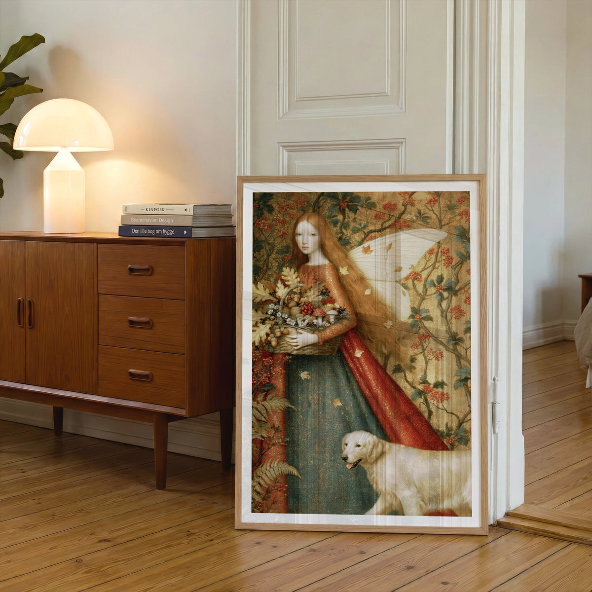Autumn Fairy Print, Classic Inspired Folk Art Poster, Red Hair Fairy Dog Wall Art