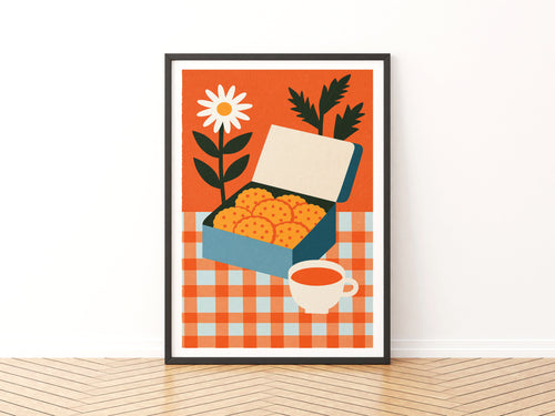 Vintage Food Poster Print, Biscuit Tin Tea Cup Art, Rustic Kitchen Decor, Retro Mid Century