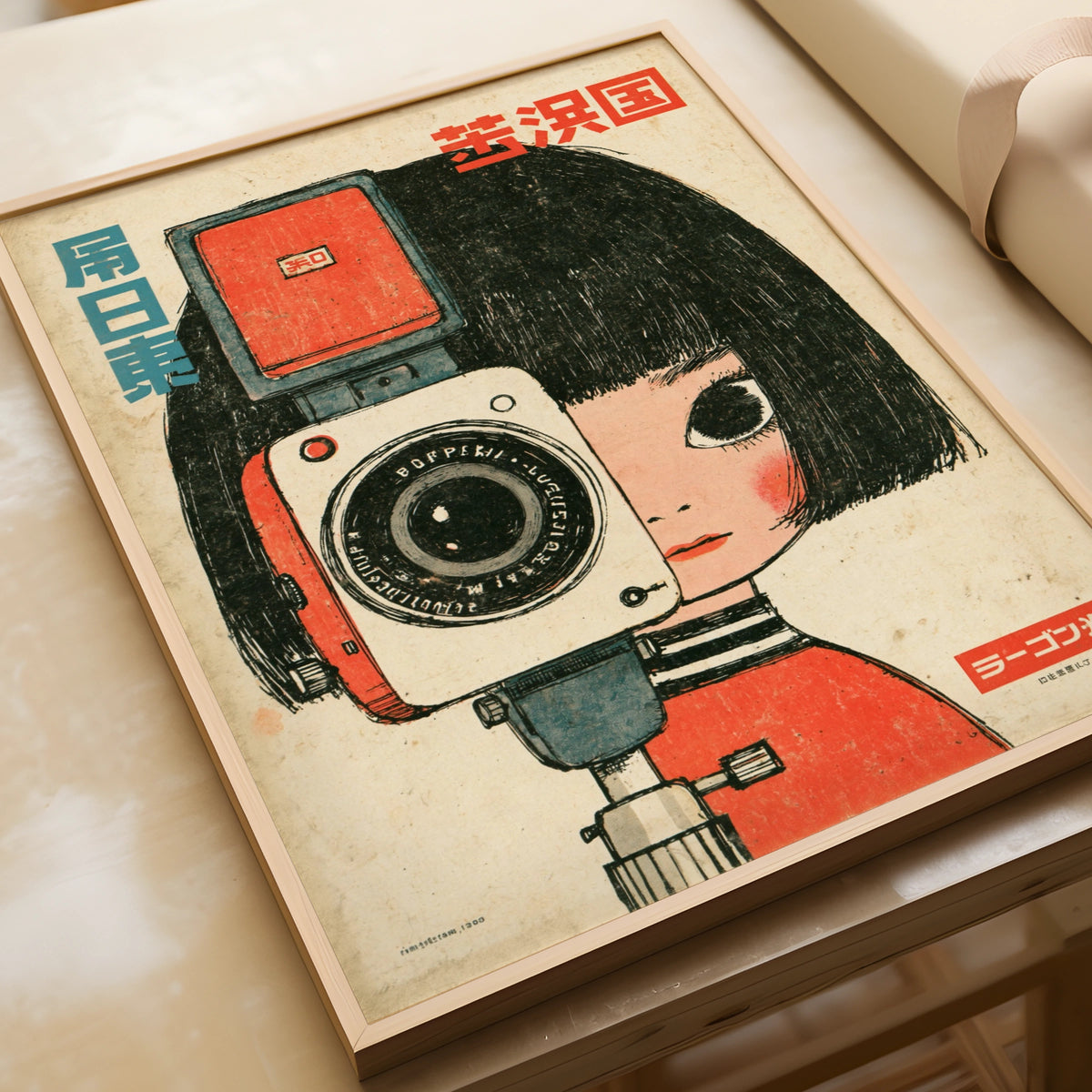 Vintage Japanese Camera Girl Poster, Retro Kawaii Wall Art, Mid Century Print