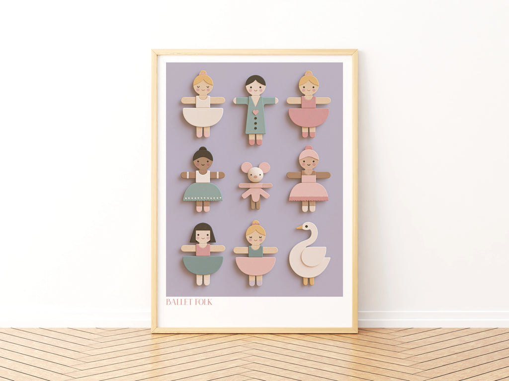 Ballet Folk Retro Nursery Poster, Wooden Toy Ballerina Wall Art, Children's Collectable Print