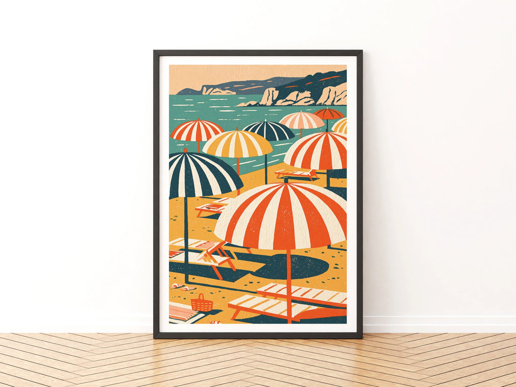 Retro Beach Umbrella Poster, Vintage Summer Print, Coastal Wall Art, Mediterranean Sun Lounger