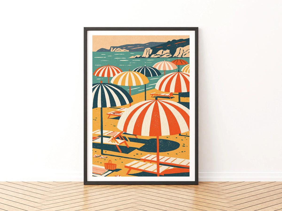 Retro Beach Umbrella Poster, Vintage Summer Print, Coastal Wall Art, Mediterranean Sun Lounger