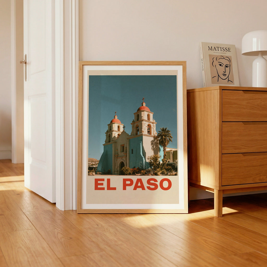 El Paso Retro Travel Poster, Texas Mission Church Print, Southwest USA Wall Art