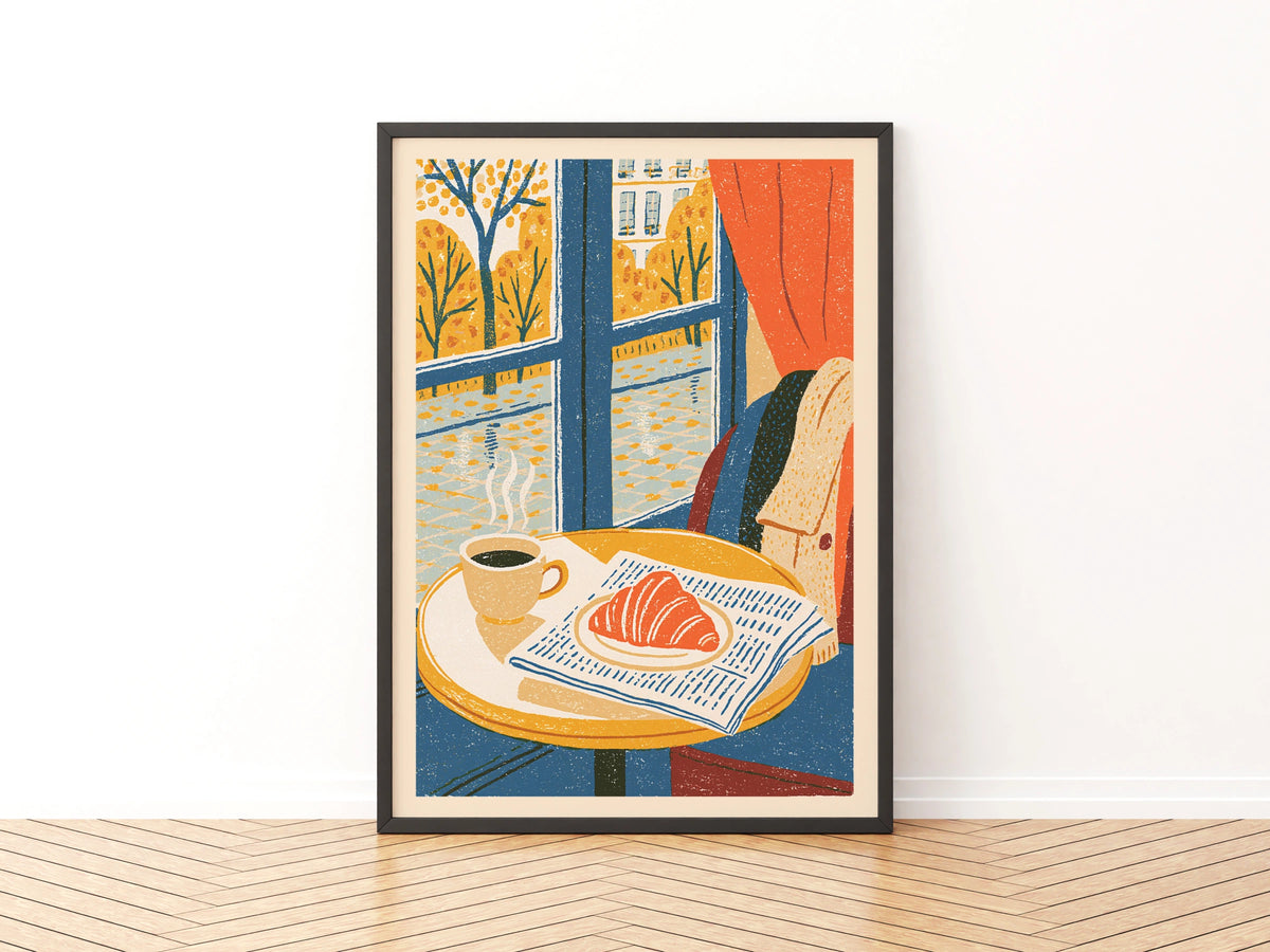 Vintage Food Poster Print, Paris Cafe Croissant Coffee, Rustic Kitchen Decor, Retro Mid Century