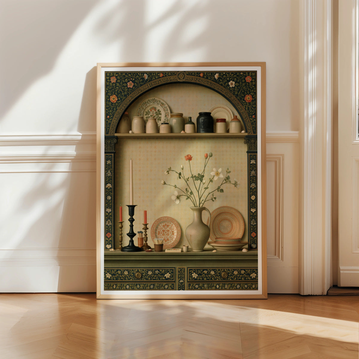 Classic Kitchen Shelf Still Life Print, Vintage Pottery Floral Wall Art Poster