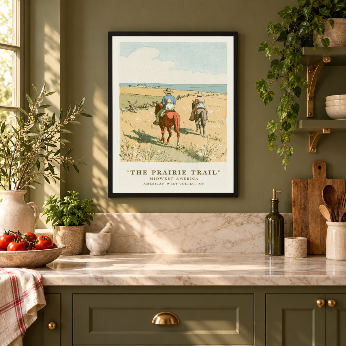 Vintage Prairie Trail Print, Midwest America Wall Art, Western Landscape Poster, Horseback Riders