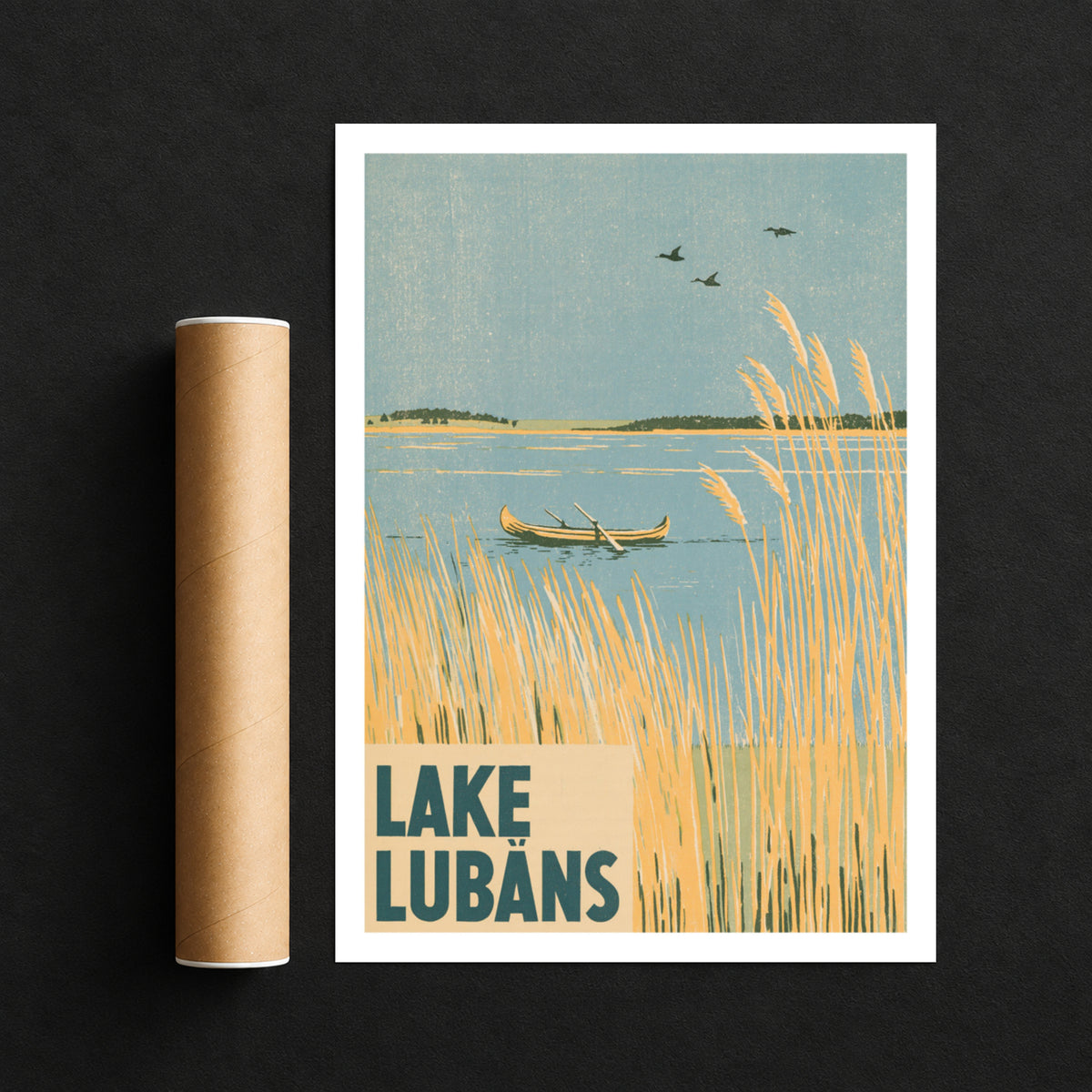 Retro Lake Lubans Poster, Vintage Travel Print, Latvia Wall Art, Reed Lake Landscape, Woodblock
