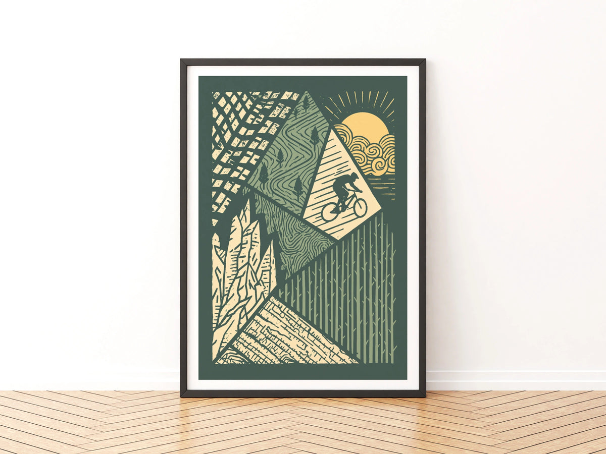 Mountain Bike Retro Poster, MTB Trail Art Print, Vintage Cycling Wall Art, Green