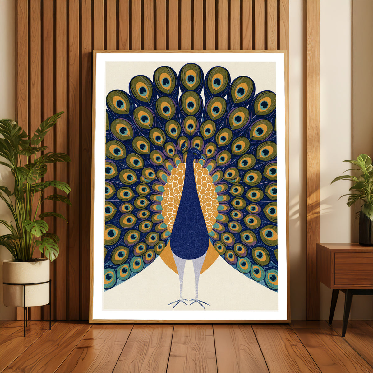 Retro Peacock Print, Vintage Style Bird Poster, Mid Century Animal Wall Art, Navy Blue Gold Feathers