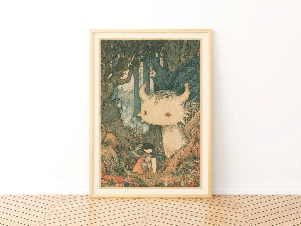 Retro Children's Print, Little Knight and Forest Monster, Fairytale Kids Wall Art Collectable