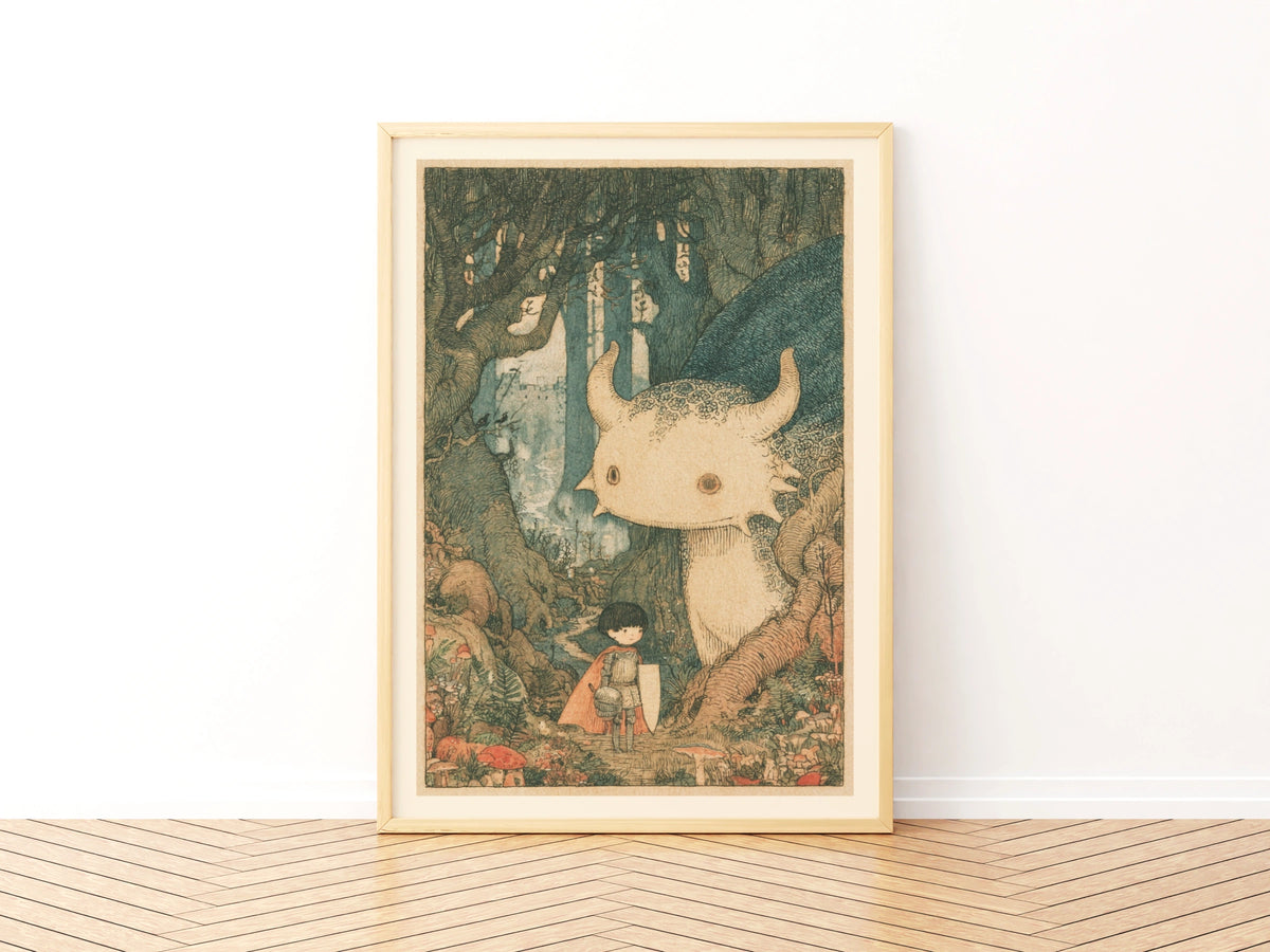 Retro Children's Print, Little Knight and Forest Monster, Fairytale Kids Wall Art Collectable
