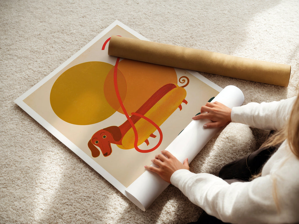 Hot Dog Dachshund Retro Print, Vintage Style Sausage Dog Wall Art, Mid Century