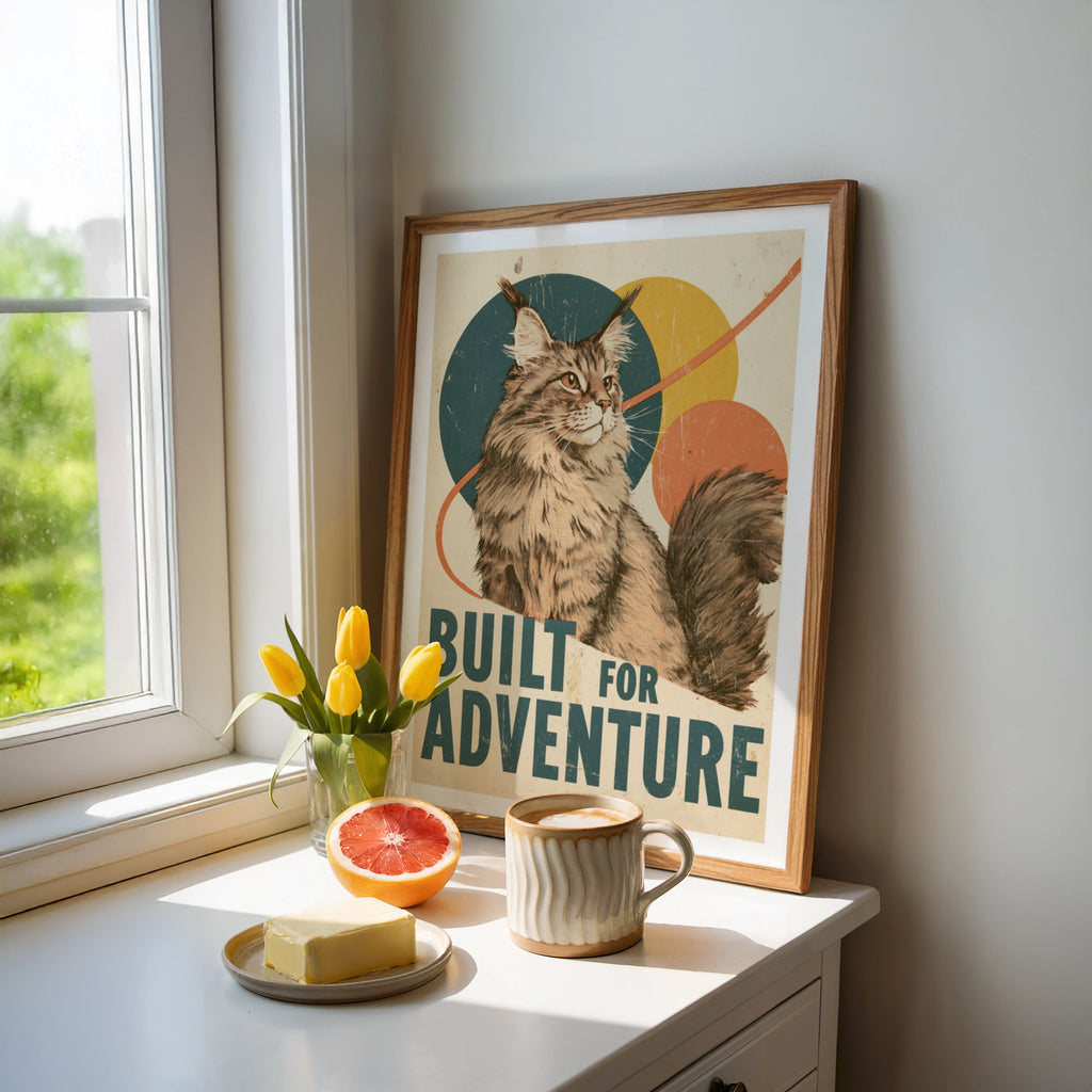 Retro Maine Coon Cat Print, Built For Adventure, Vintage Style Feline Wall Art