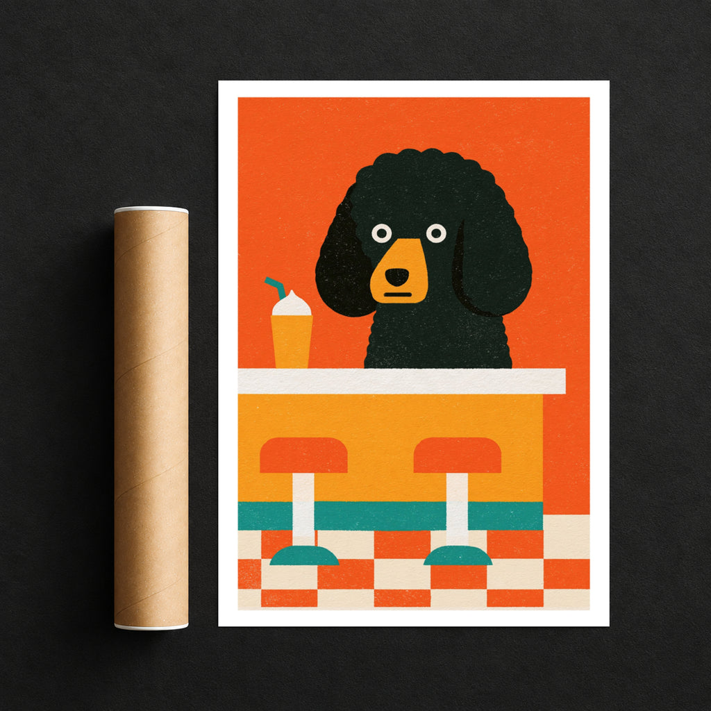 Vintage Food Poster Print, Retro Mid Century Poodle Diner Dog Art, Rustic Kitchen Decor Gift