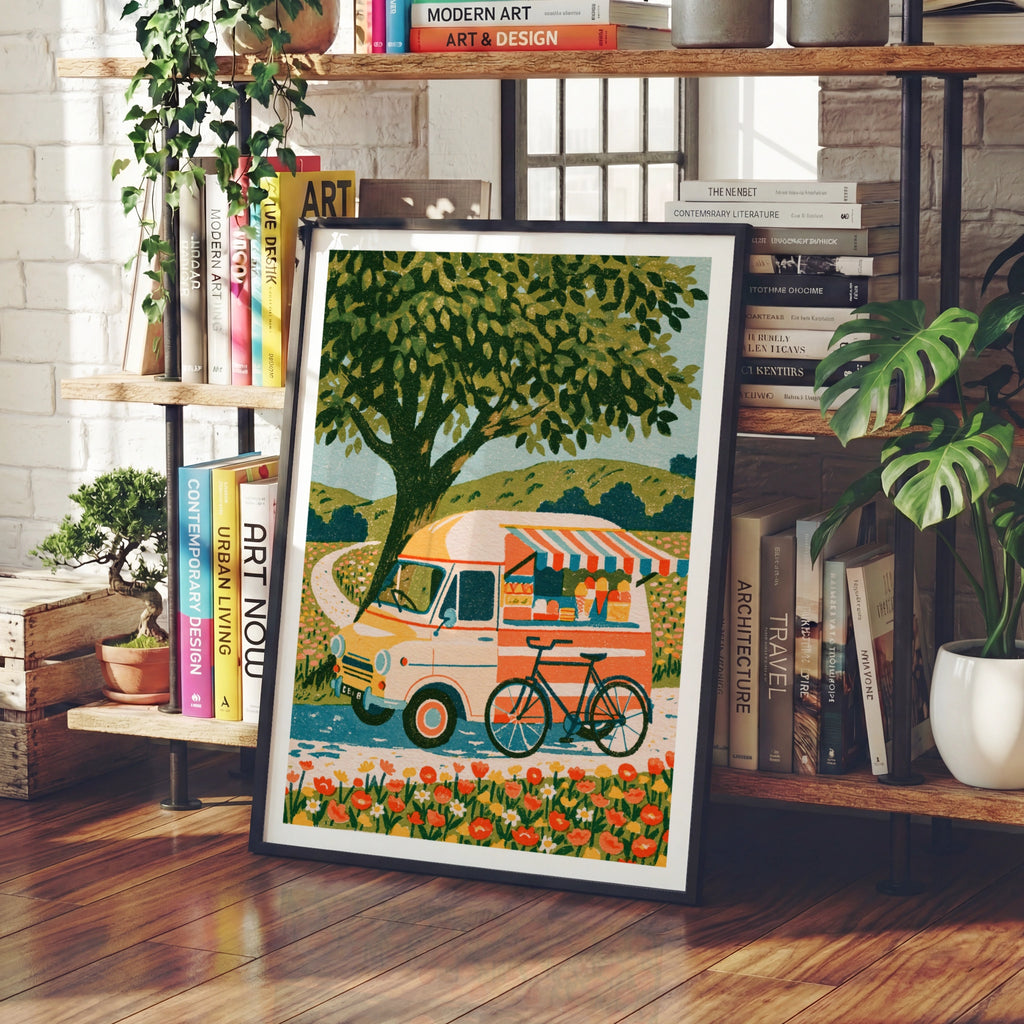 Retro Ice Cream Van Poster, Vintage Food Truck Print, Floral Countryside Wall Art