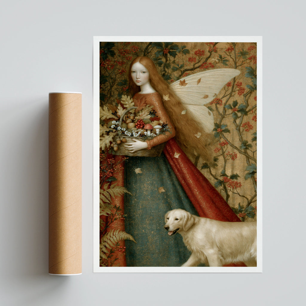 Autumn Fairy Print, Classic Inspired Folk Art Poster, Red Hair Fairy Dog Wall Art