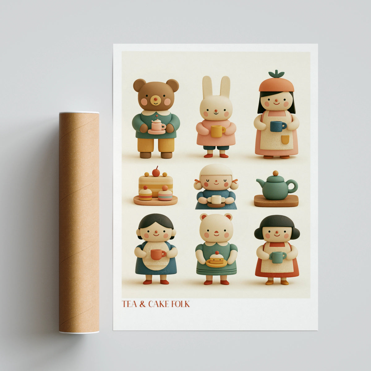 Tea & Cake Folk Retro Children's Print, Cute Bear Bunny Wall Art, Kids Nursery Poster