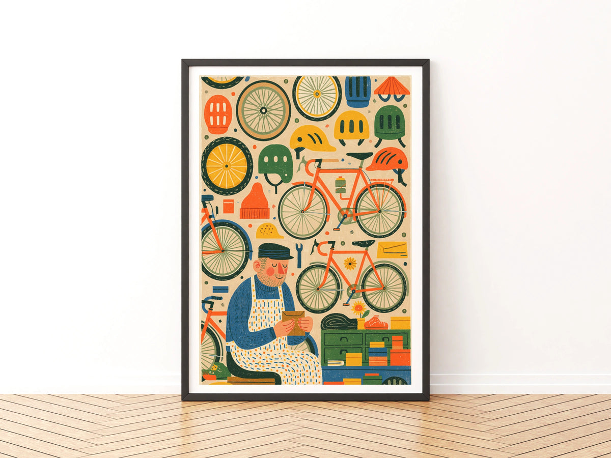 Retro Bicycle Mechanic Poster, Vintage Cycling Art Print, Bike Shop Wall Decor