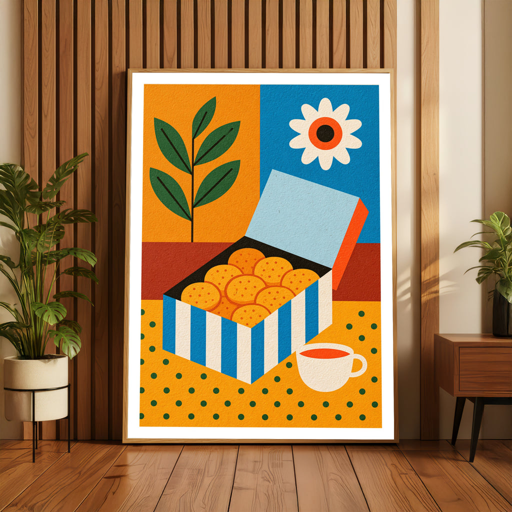 Vintage Food Poster Print, Biscuit Box Tea Cup, Rustic Kitchen Decor, Retro Mid Century Risograph