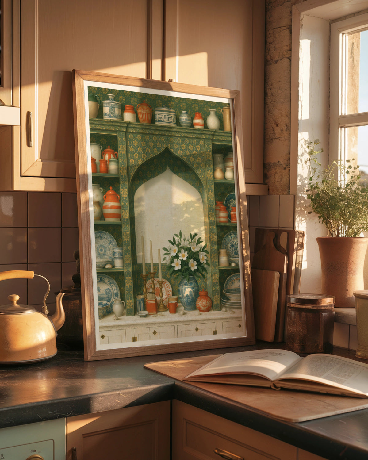 Vintage Pottery Shelf Print, Classic Kitchen Still Life, Floral Vase Wall Art Poster