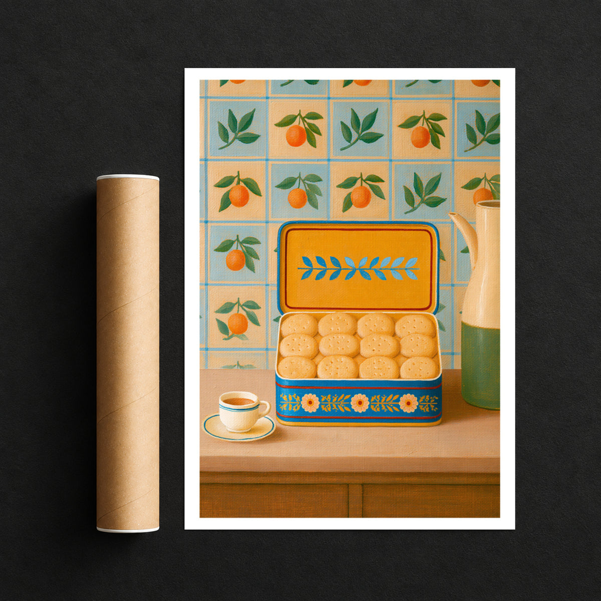 Vintage Food Poster Print, Biscuit Tin Tea Kitchen Art, Retro Mid Century Risograph Wall Decor