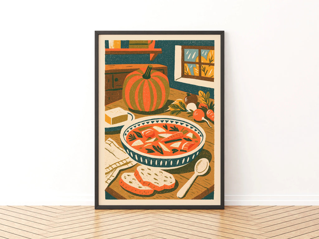 Vintage Food Poster Print, Rustic Kitchen Decor, Retro Mid Century Risograph Pumpkin Soup Art