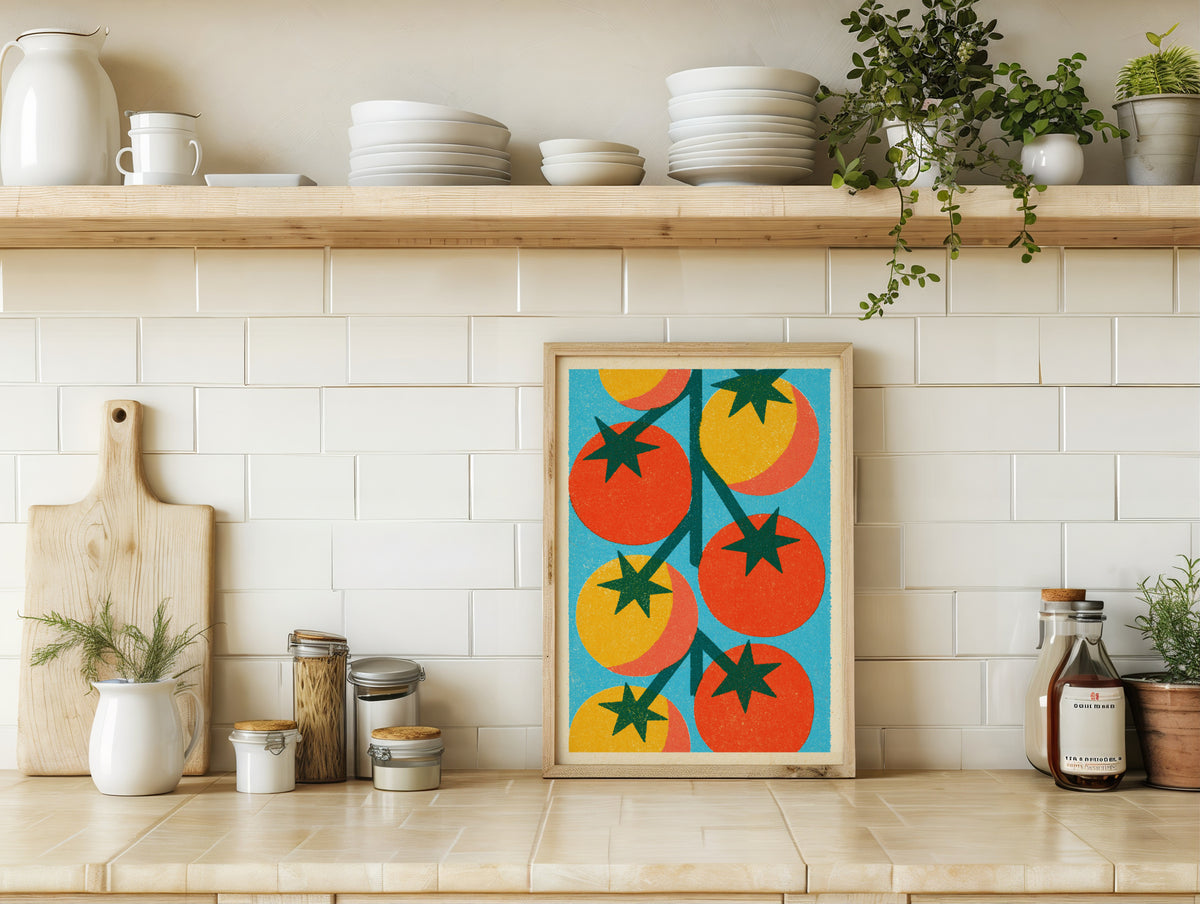 Vintage Food Poster Print | Rustic Kitchen Decor, Tomato Vine Art, Mid Century Retro Wall Art Gift
